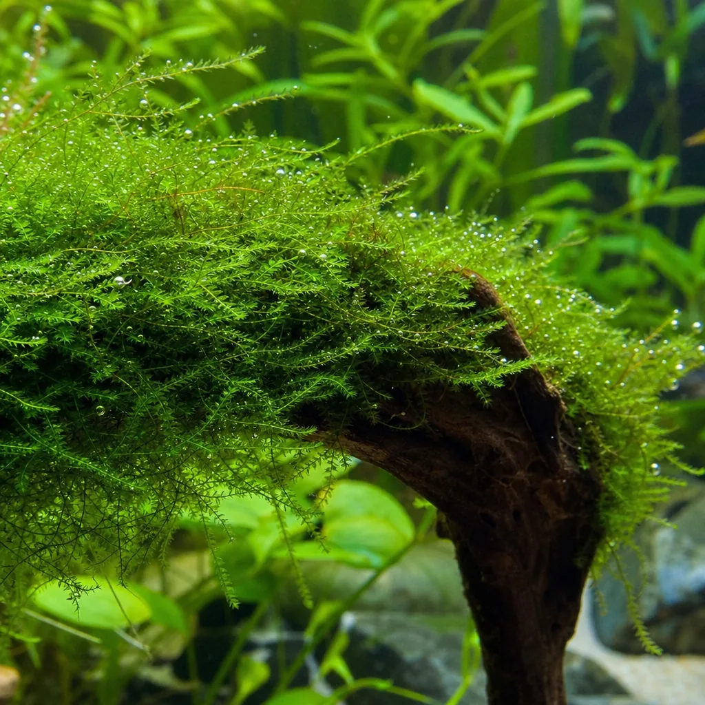 Lush green java moss carpeting driftwood in planted aquarium