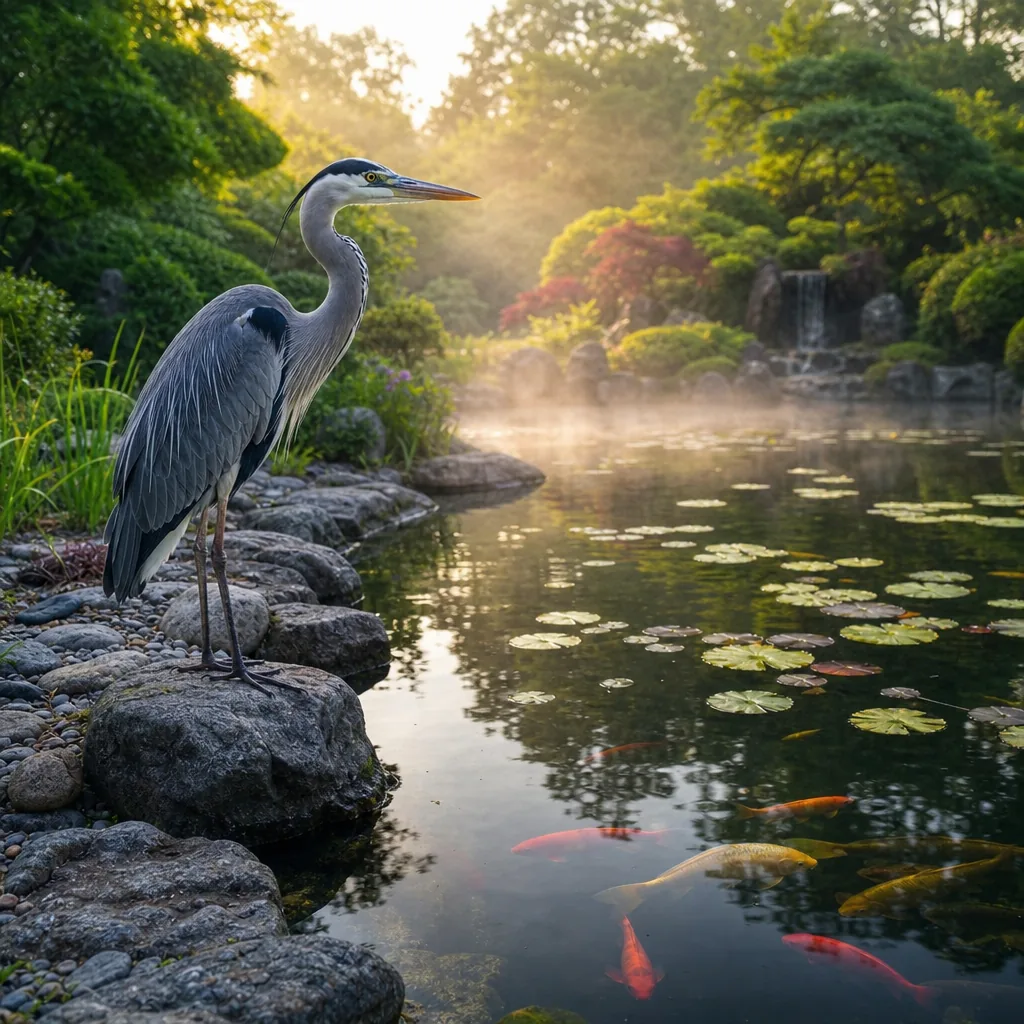 Heron standing at the edge of a backyard koi pond