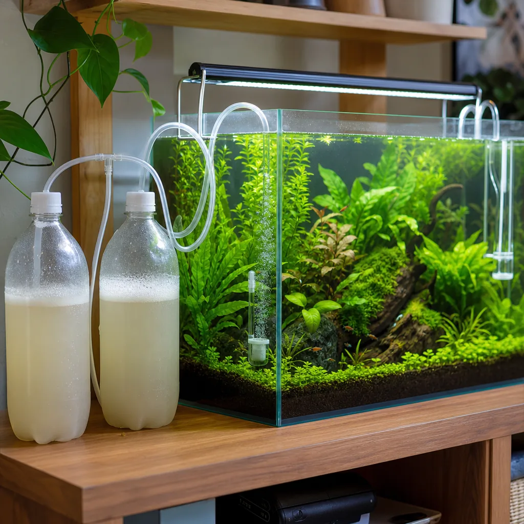 DIY CO2 bottles connected to a planted aquarium setup