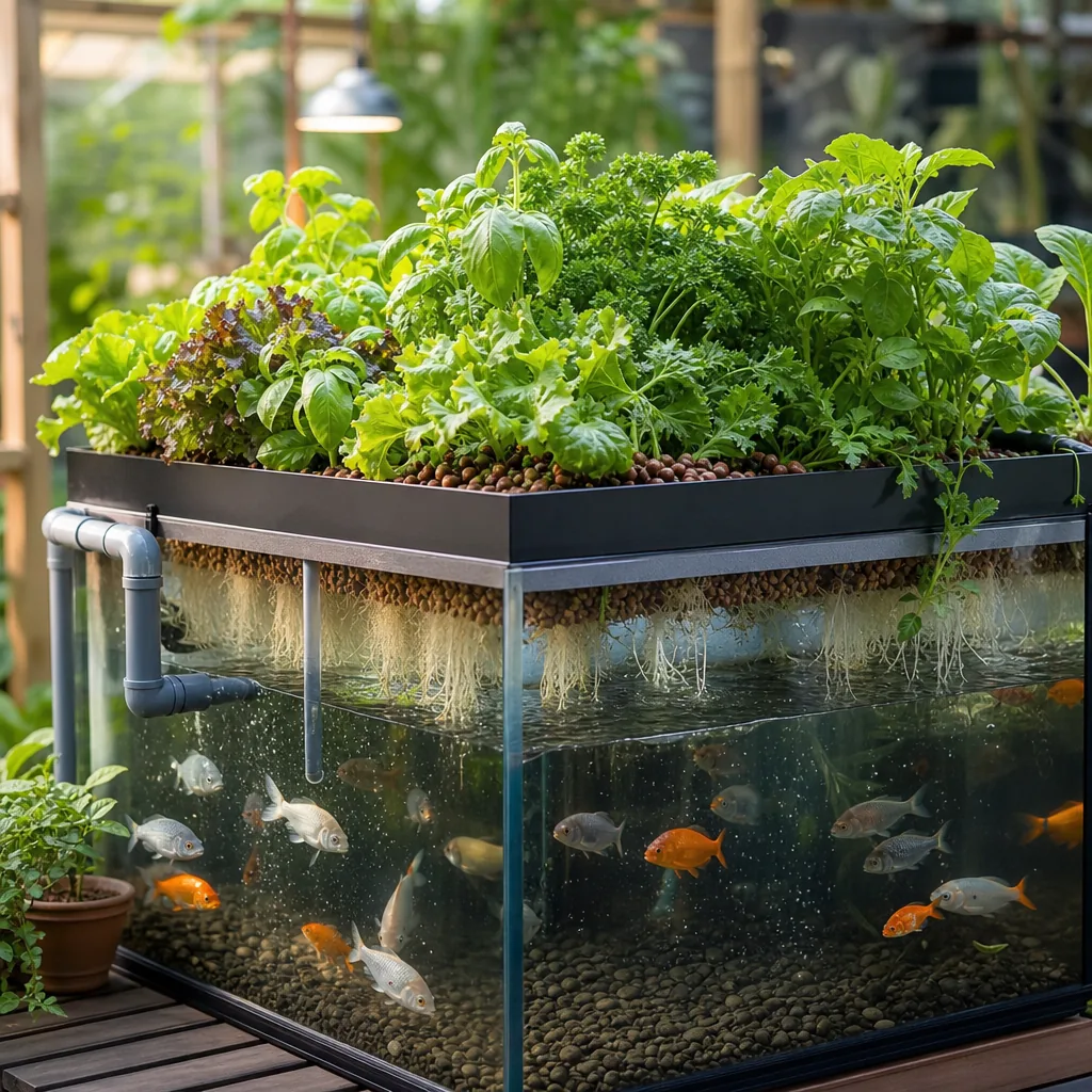 Home aquaponics setup with fish tank and grow bed
