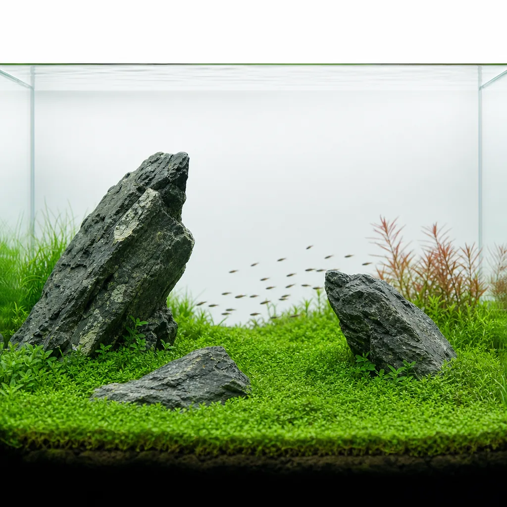 Minimalist Iwagumi aquascape with stones and a carpet of green plants