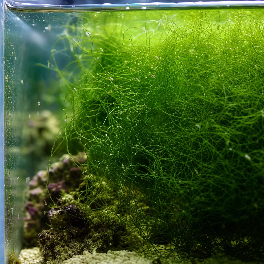 Refugium chamber packed with green chaeto macroalgae glowing