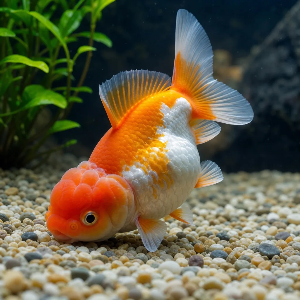 Fancy goldfish swimming at an odd tilted angle in tank