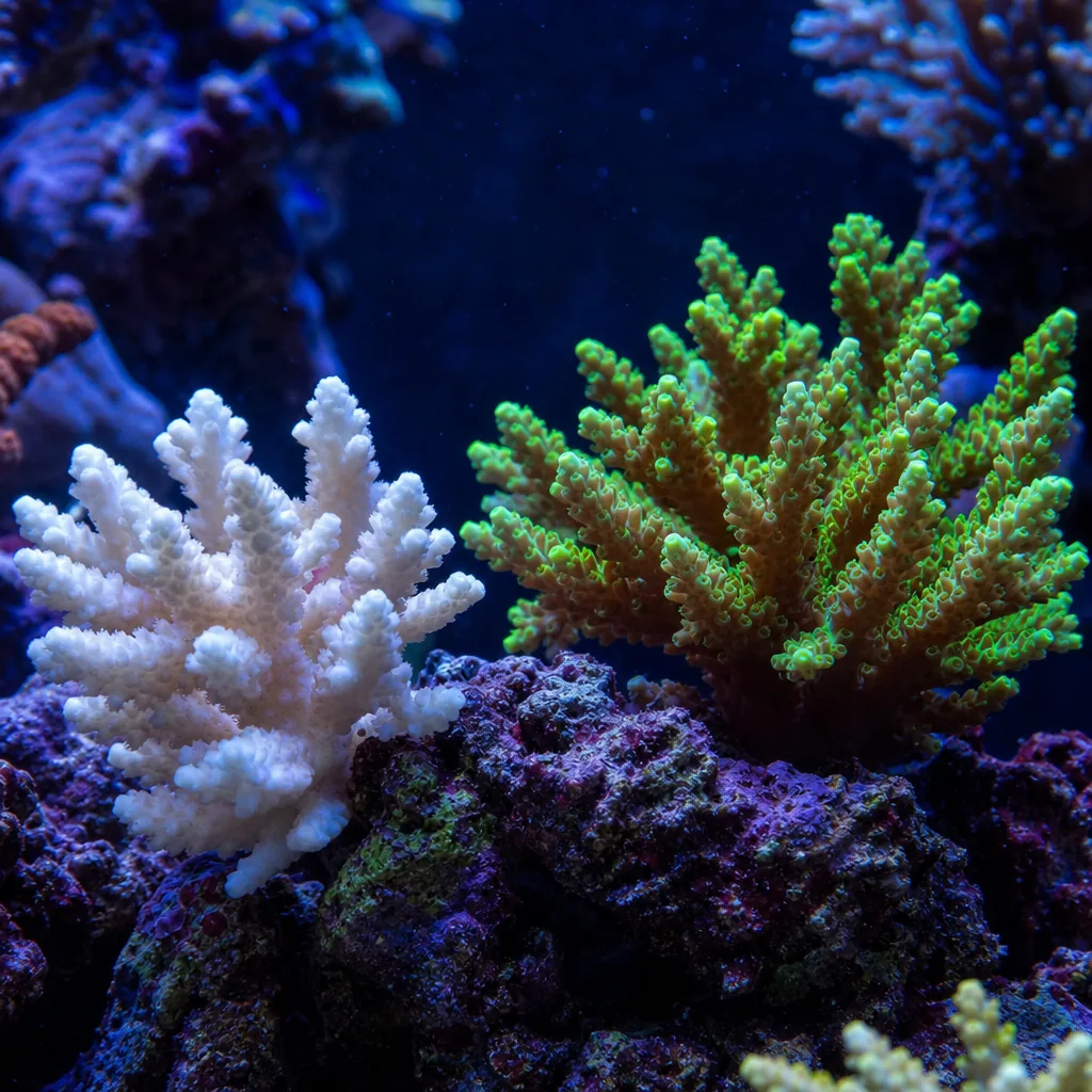 Faded pale coral beside vibrant healthy coral in reef