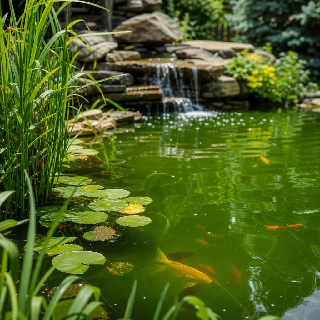 Backyard pond with cloudy pea-green algae water